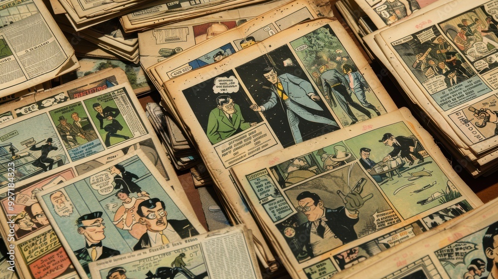 A pile of old comic books with colorful illustrations and text are stacked on top of each other. They are worn and faded with age, showing signs of being well-loved and read over time. A pile of old comic books with colorful illustrations and text are stacked on top of each other. They are worn and faded with age, showing signs of being well-loved and read over time.