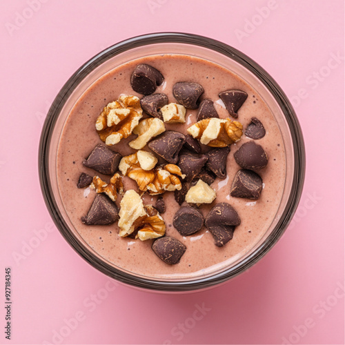 very tasty picture photo, top view, hemp protein with cocoa and chocolate chips and walnut pieces in a glass, pink background 