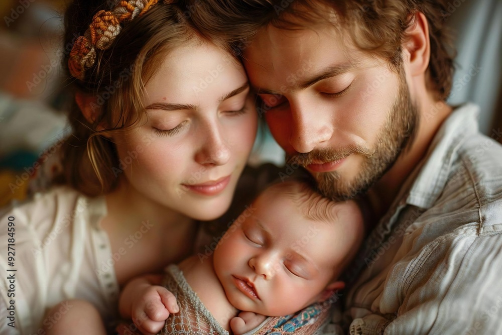 Close-up of a couple admiring their peacefully sleeping newborn baby Close-up of a couple admiring their peacefully sleeping newborn baby