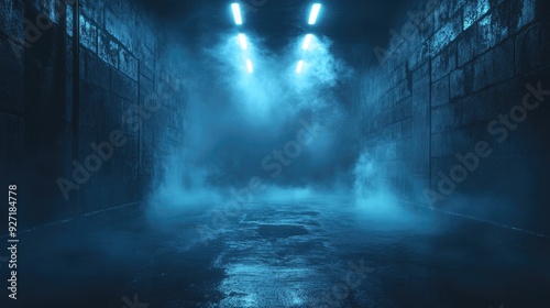 Dark alley with blue neon lights. Perfect for cyberpunk, horror, or mystery themes.