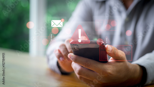 Emergency warning alert alarm on Smartphone, Email inbox alert and spam virus with warning, email security protection alert, Data network protection, Virus alarm. 