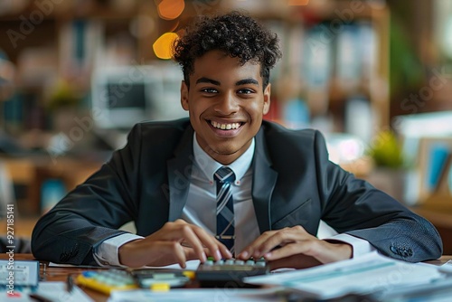 Joyful Young Businessman Crunching Numbers at His Desk photo