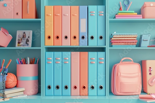 A vibrant pastel workspace featuring colorful folders, stationery, and a backpack on a stylish shelf, perfect for organization. photo