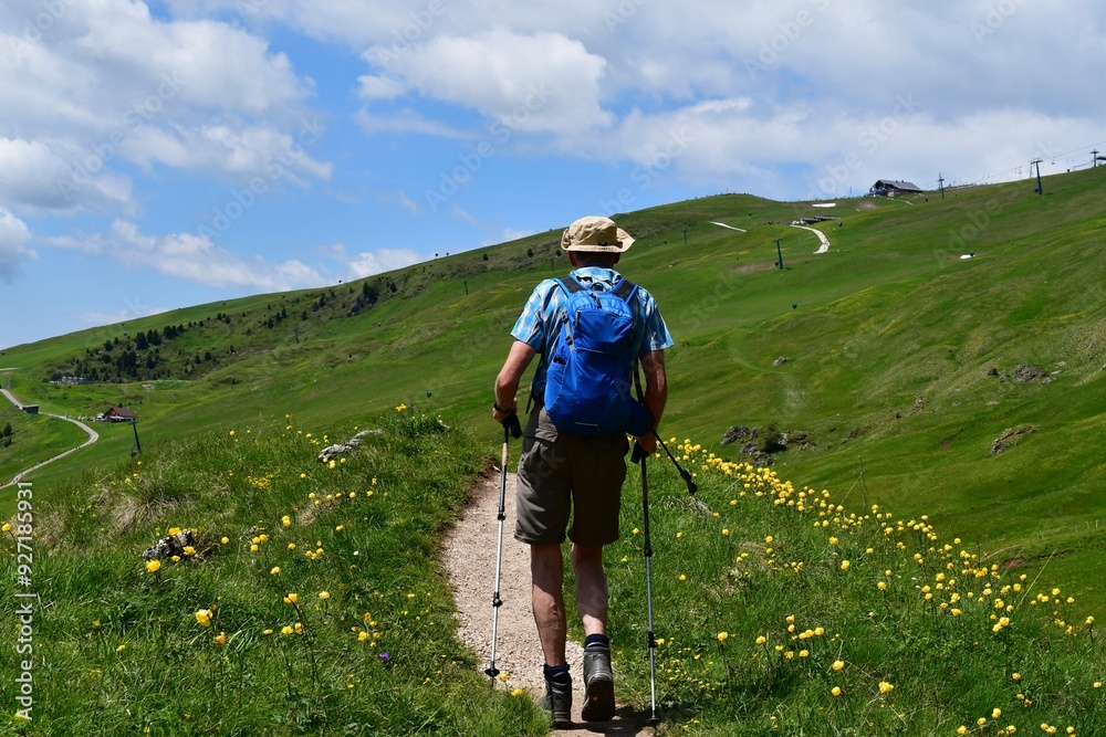 Mann wandert auf Seceda in Südtirol