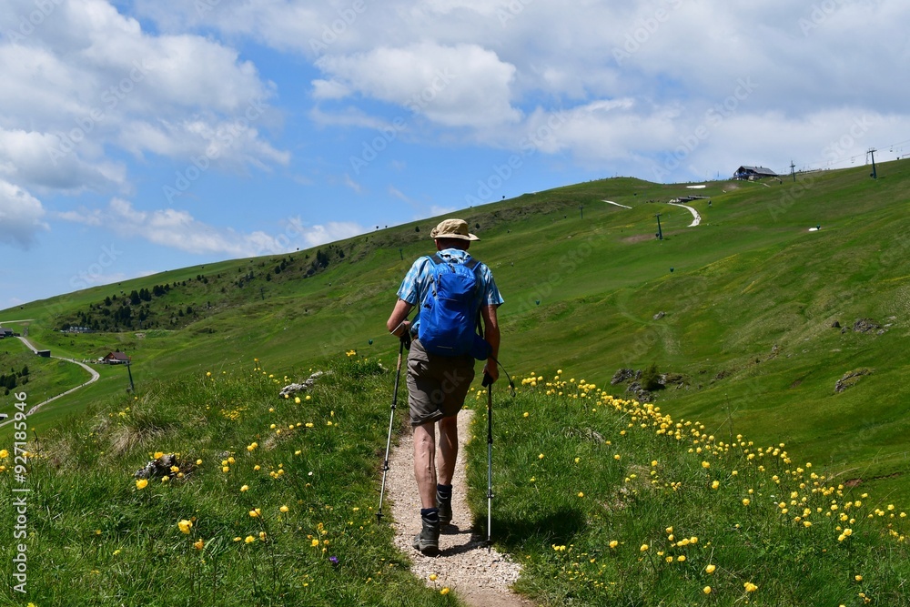 Mann wandert auf Seceda in Südtirol