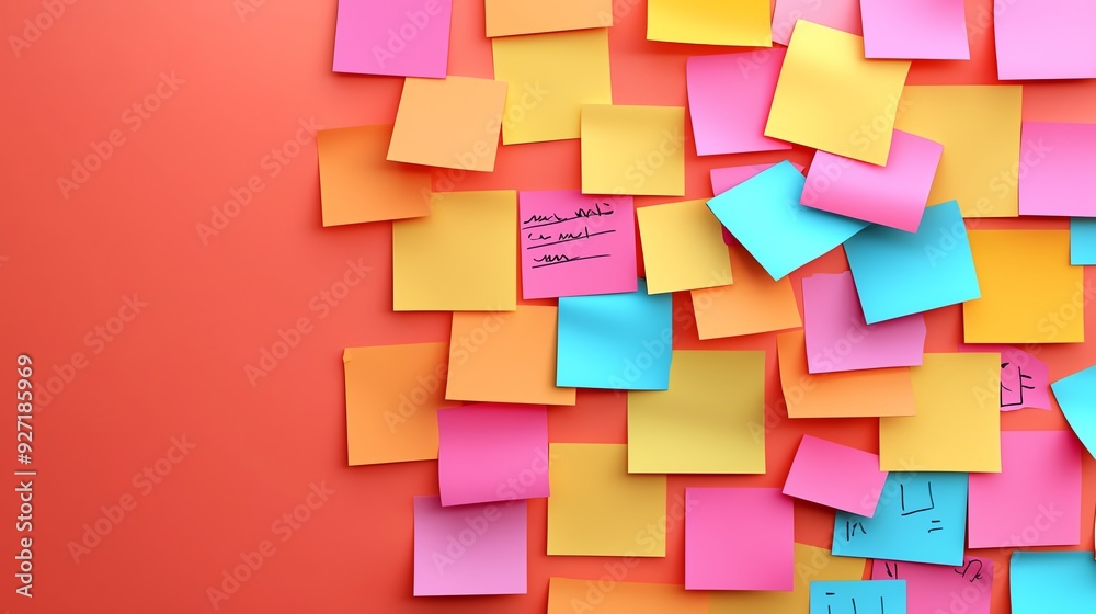 Vibrant collection of colorful sticky notes against a bright orange background, perfect for brainstorming and organization. Vibrant collection of colorful sticky notes against a bright orange background, perfect for brainstorming and organization.