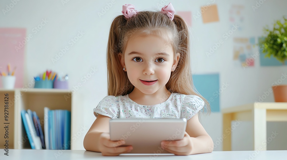A cheerful girl with pigtails holds a tablet, engaged in fun activities at home, showcasing modern learning and play. A cheerful girl with pigtails holds a tablet, engaged in fun activities at home, showcasing modern learning and play.