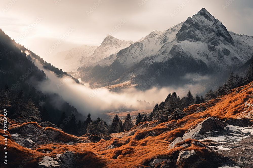 Obraz premium Frosty landscape in mountainous valley