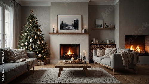 Scandinavian and cozy home living room with fireplace, staircase, Christmas tree, decor