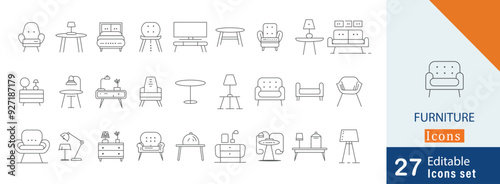 Set of furniture outline icons in linear style. wine rack, sofa, bench , chair ,  wardrobe, dresser, table more line icons