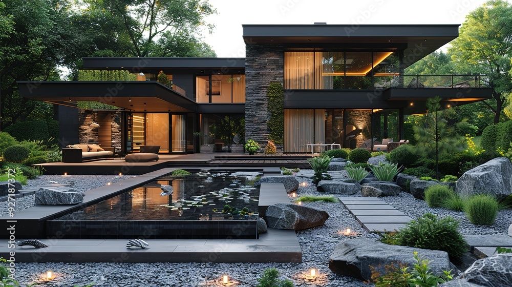 Modern home with a pond and a zen garden. Modern home with a pond and a zen garden.