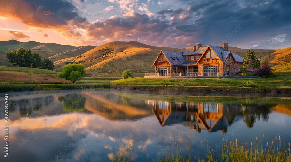 a high resolution image of a beautiful house nestled in a serene landscape, surrounded by rolling hills and a tranquil lake reflecting the colors of the sunset. a high resolution image of a beautiful house nestled in a serene landscape, surrounded by rolling hills and a tranquil lake reflecting the colors of the sunset.