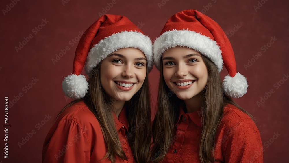 Two happy smiling girls in christmas hats with red background Two happy smiling girls in christmas hats with red background