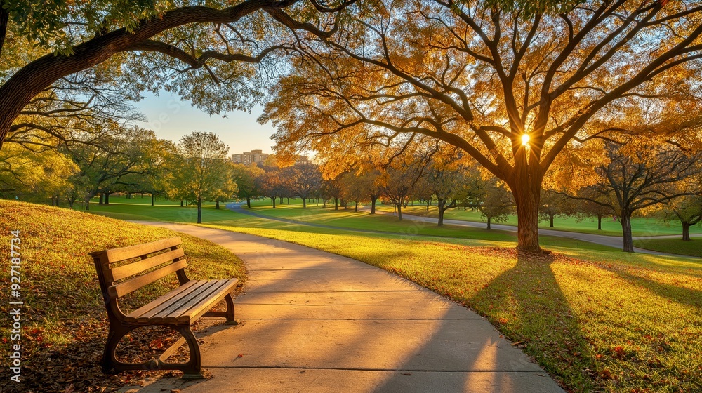 Fototapeta premium Sunlit autumn park with empty bench. Illustrative template with copy space