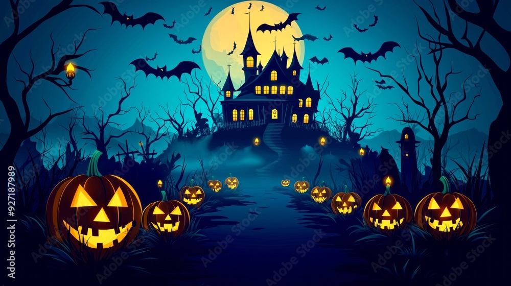Spooky haunted house with pumpkins and full moon
Spooky haunted house with pumpkins and full moon