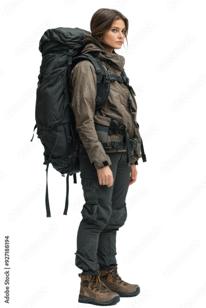Hiking gear ideal for outdoor adventures featuring an explorer with a large backpack and rugged boots. Perfect for showcasing activities. Transparent background png. Hiking gear ideal for outdoor adventures featuring an explorer with a large backpack and rugged boots. Perfect for showcasing activities. Transparent background png.