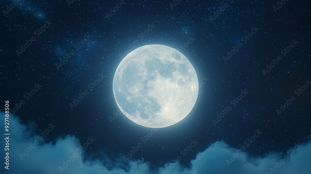 big, luminous white moon dominates the starry night sky, surrounded by soft, ethereal clouds, creating a dreamy and romantic atmosphere that feels both peaceful and magical, photo