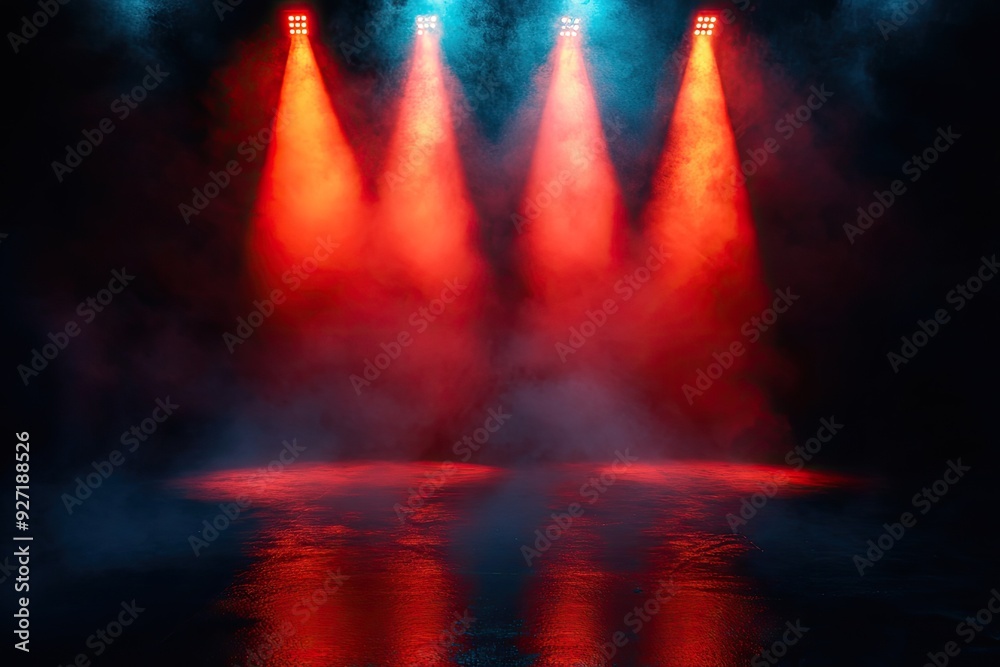 Fototapeta premium Red and blue spotlights on a smoky stage. Perfect for showcasing a product or design.