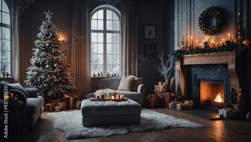 Winter Christmas background atmospheric cozy room. festive interior design