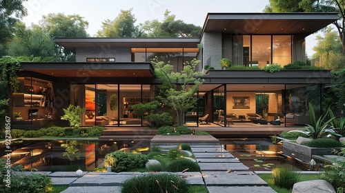Modern home with a pond and stepping stones, surrounded by lush greenery.