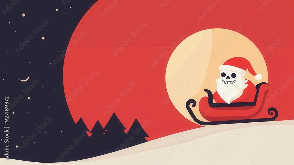 Obraz premium Skeleton Santa riding a sleigh through the night sky, full moon, flat design illustration