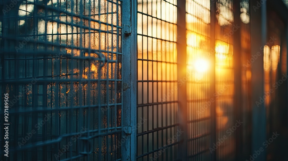Sunset through metal bars creates an abstract design. This photo can be used for themes of confinement, hope, or the beauty found in unexpected places.