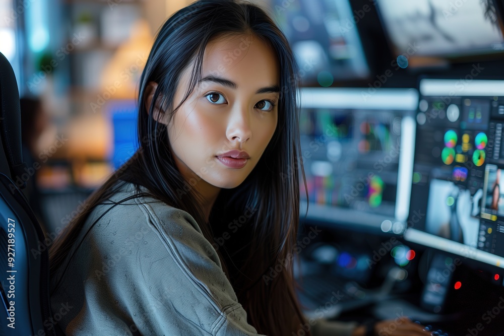 Young woman sitting at a computer desk, looking over her shoulder. Young woman sitting at a computer desk, looking over her shoulder.