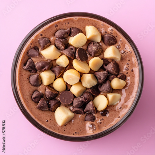 very tasty picture photo, top view, hemp protein with cocoa and chocolate chips and macadamia pieces in a glass, pink background 