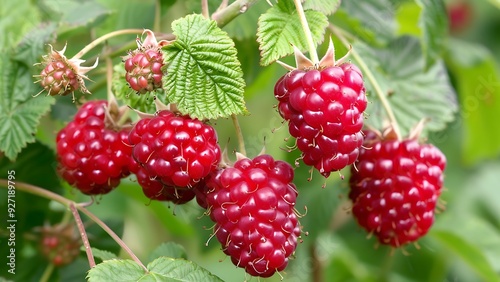 Raspberries and leaf in the garden. Generative AI