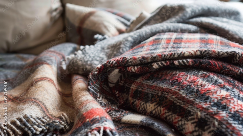 Fototapeta premium A close-up of a couch covered in plaid blankets, one beige and one red, with a grey blanket partially visible in the background. The blankets are soft and cozy and suggest a comfortable atmosphere.