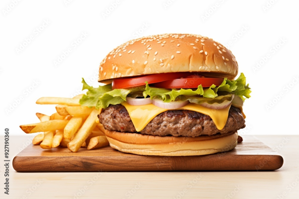 High-Resolution Cheeseburger with Fries on White Background High-Resolution Cheeseburger with Fries on White Background