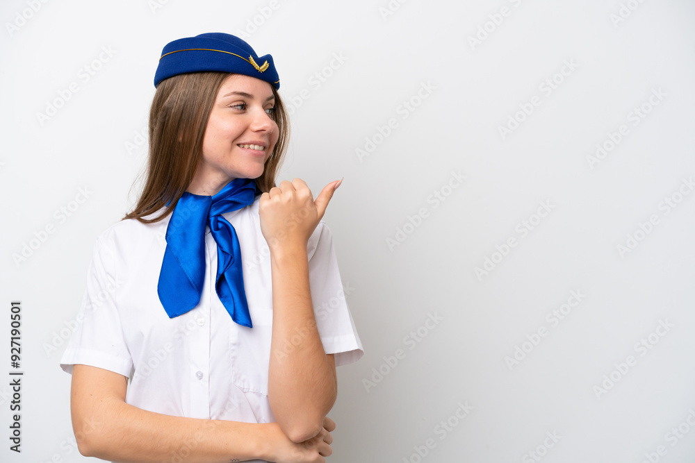 Airplane Lithuanian woman stewardess isolated on white background pointing to the side to present a product Airplane Lithuanian woman stewardess isolated on white background pointing to the side to present a product