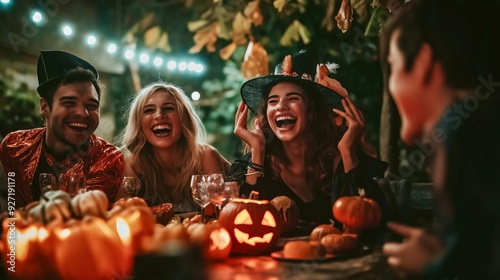 Group of friends dressed in costumes, laughing and enjoying a Halloween party with carved pumpkins, lights, and decorations. 