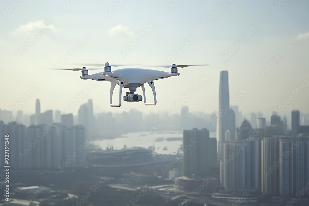 Drone flying over a modern cityscape with high-rise buildings Drone flying over a modern cityscape with high-rise buildings