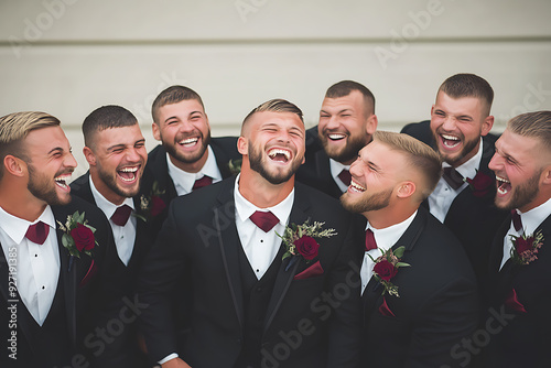 Groom and groomsmen laughing together in black suits with red boutonnieres