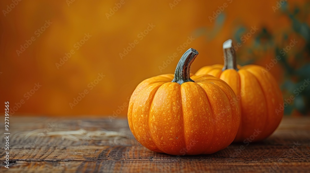 A pumpkin on a wooden tabletop against an orange background captures the essence of Halloween and Thanksgiving with a seasonal touch. A pumpkin on a wooden tabletop against an orange background captures the essence of Halloween and Thanksgiving with a seasonal touch.