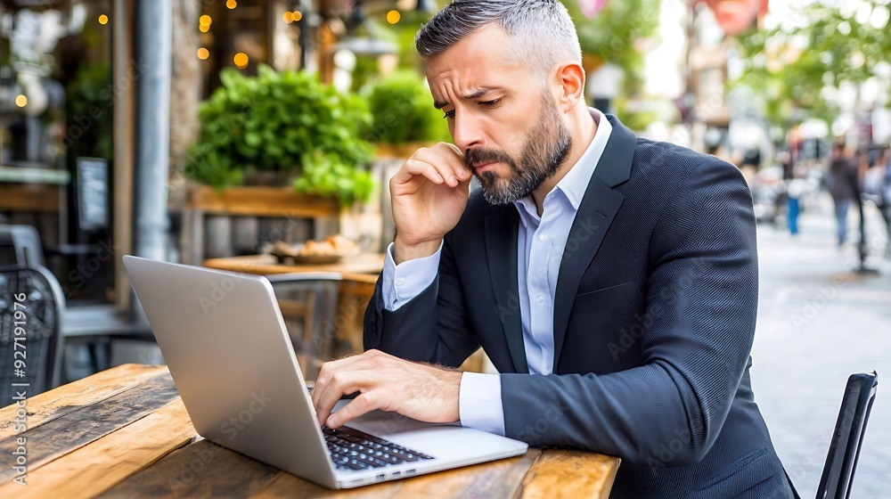 A thoughtful Caucasian man in a suit, engaged in work on his laptop at a bustling outdoor caf�, showcasing a moment of concentration and determination. A thoughtful Caucasian man in a suit, engaged in work on his laptop at a bustling outdoor caf�, showcasing a moment of concentration and determination.