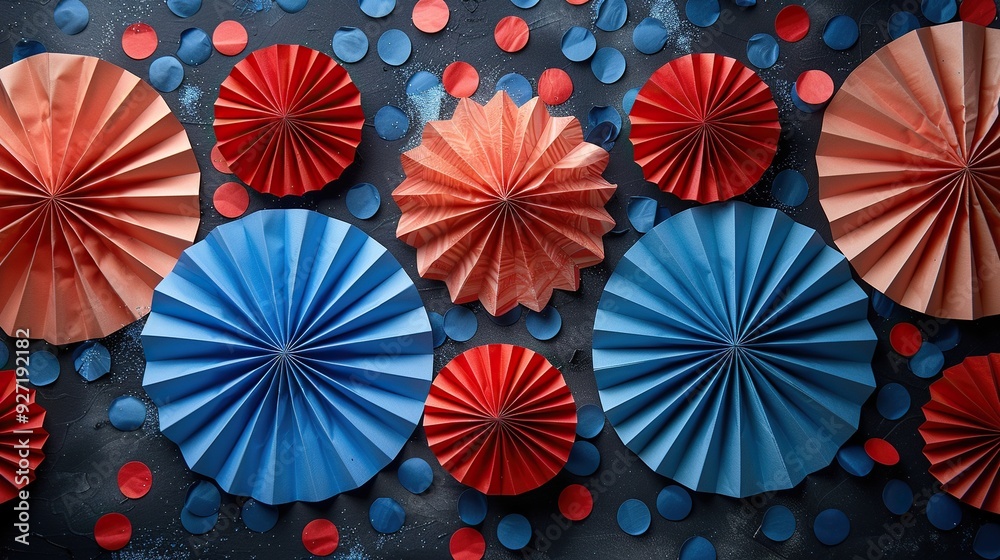 Red, white, and blue paper fans with confetti decorate a black table, setting the scene for an American patriotic birthday party or a USA-themed event for Labor Day or Independence Day. Red, white, and blue paper fans with confetti decorate a black table, setting the scene for an American patriotic birthday party or a USA-themed event for Labor Day or Independence Day.