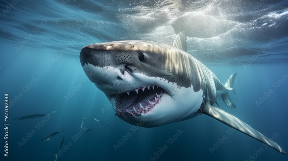 Fototapeta premium Ocean shark bottom view from below. Open toothy dangerous mouth with many teeth. Neural network ai generated art