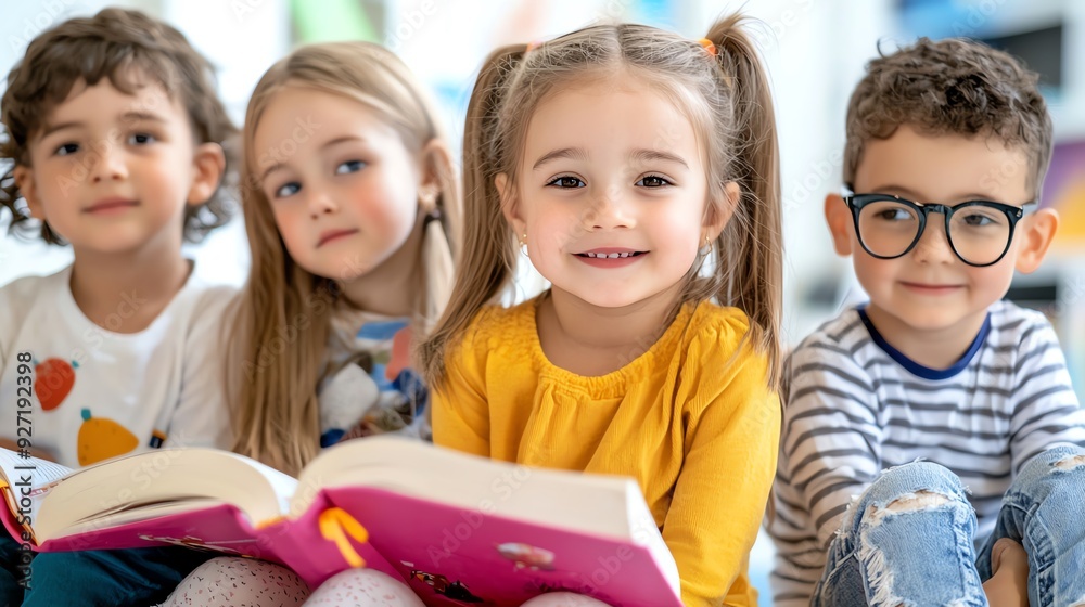 A group of cheerful children enjoying storytime together, fostering a love for reading and imagination.
