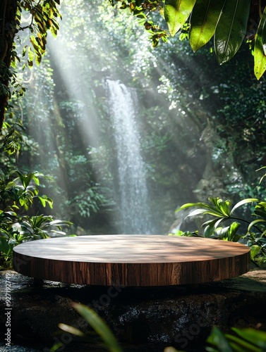 Wooden Podium in Jungle with Waterfall