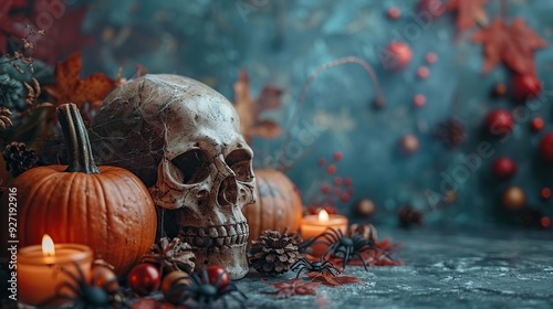 A Halloween poster design includes decorations such as pumpkins, a skull, spiders, and skeleton hands wrapped in bandages on a concrete stone table.