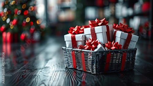A top view of a shopping basket with white gift boxes adorned with red ribbon bows on a black background, ideal for a Black Friday sale banner with copy space.