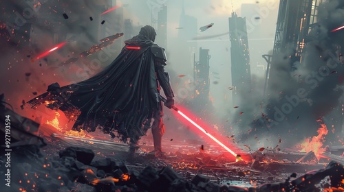 Red Lightsaber-Wielding Futuristic Warrior Standing in Chaotic Space War Aftermath