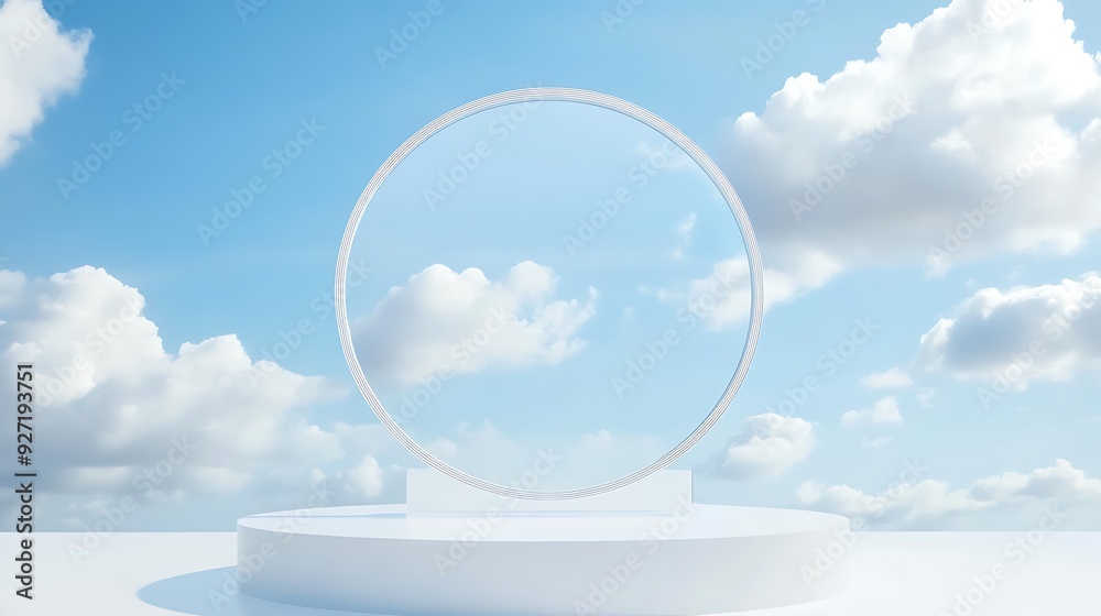 White podium with a circle shaped arch against a cloudy blue sky. White podium with a circle shaped arch against a cloudy blue sky.