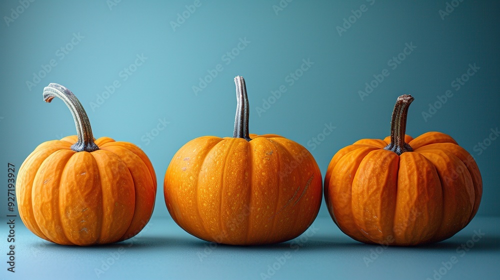 Three decorative pumpkins are placed on a pastel blue background, creating an autumn-themed seasonal banner design with ample copy space. Three decorative pumpkins are placed on a pastel blue background, creating an autumn-themed seasonal banner design with ample copy space.