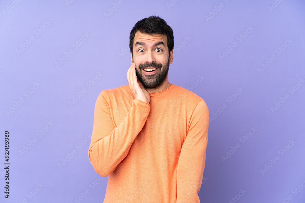 Caucasian handsome man over isolated purple background with surprise and shocked facial expression Caucasian handsome man over isolated purple background with surprise and shocked facial expression