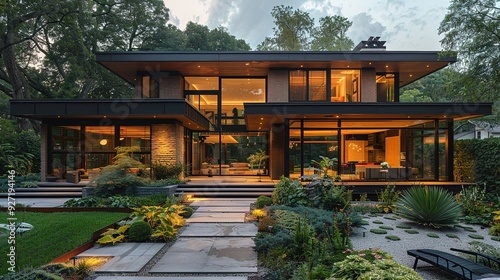 Modern home with large windows and a landscaped garden.