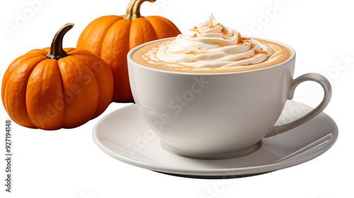 Pumpkin latte in a white cup with pumpkin isolated on transparent background. photo