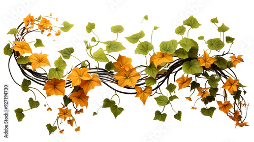 Pumpkin leaves vine plant stem and tendrils isolated on transparent background. photo